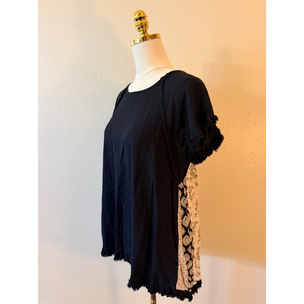 Umgee Shirt Blouse Small Black Frayed Linen Blend Mixed Print Boho